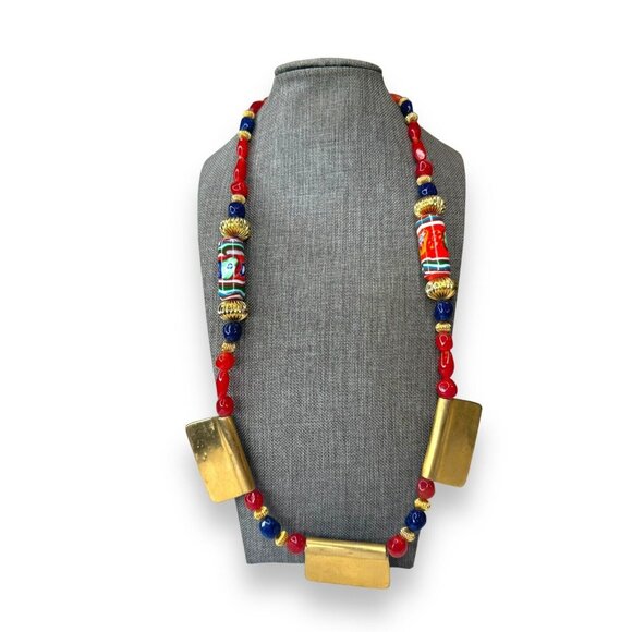 Vintage Tribal-Inspired Red, Blue & Gold Statement Necklace 27" Unsigned - Picture 9 of 13